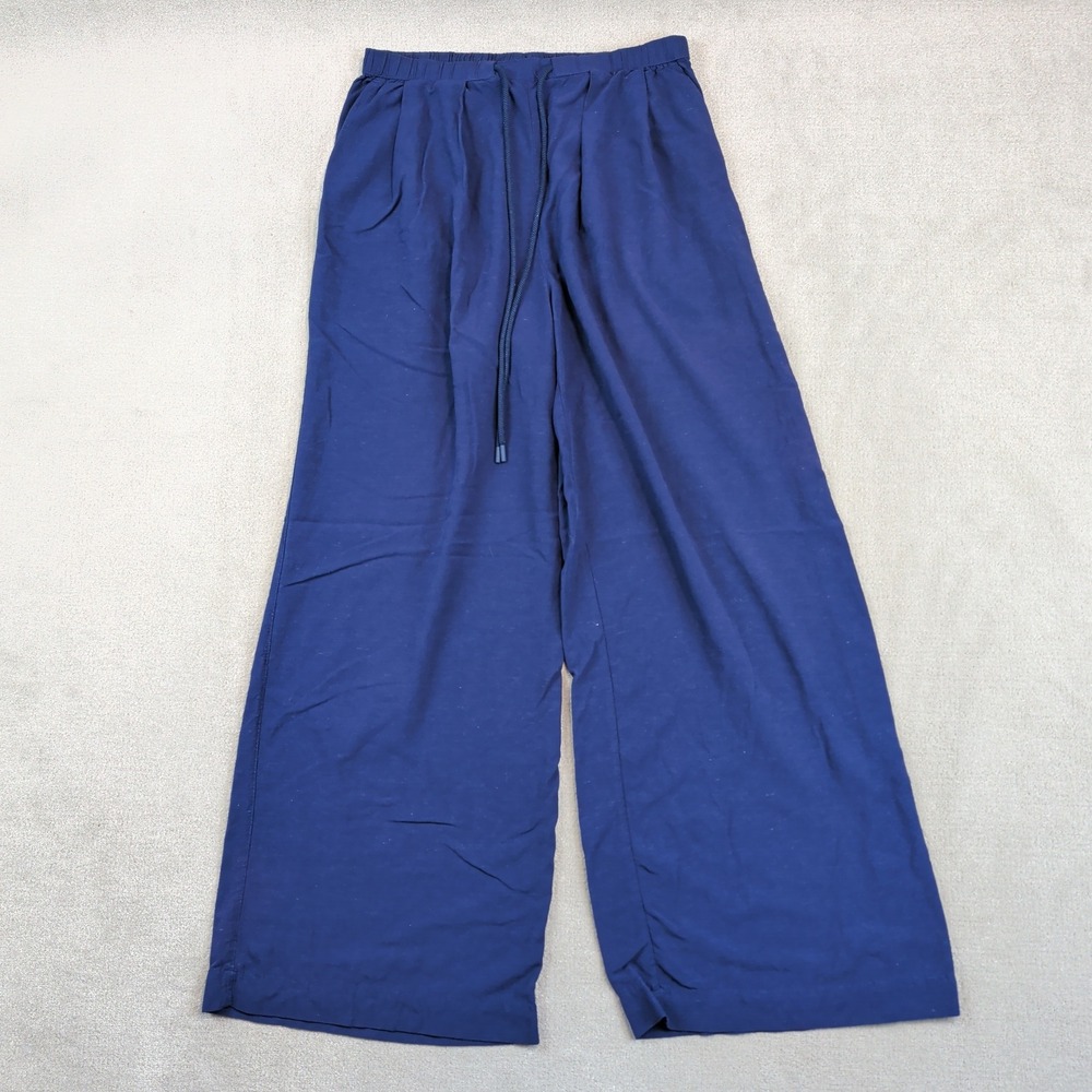 CALIA Size S Navy Blue Wide Leg Pants Lagenlook Rayon Linen Drawstring Trouser